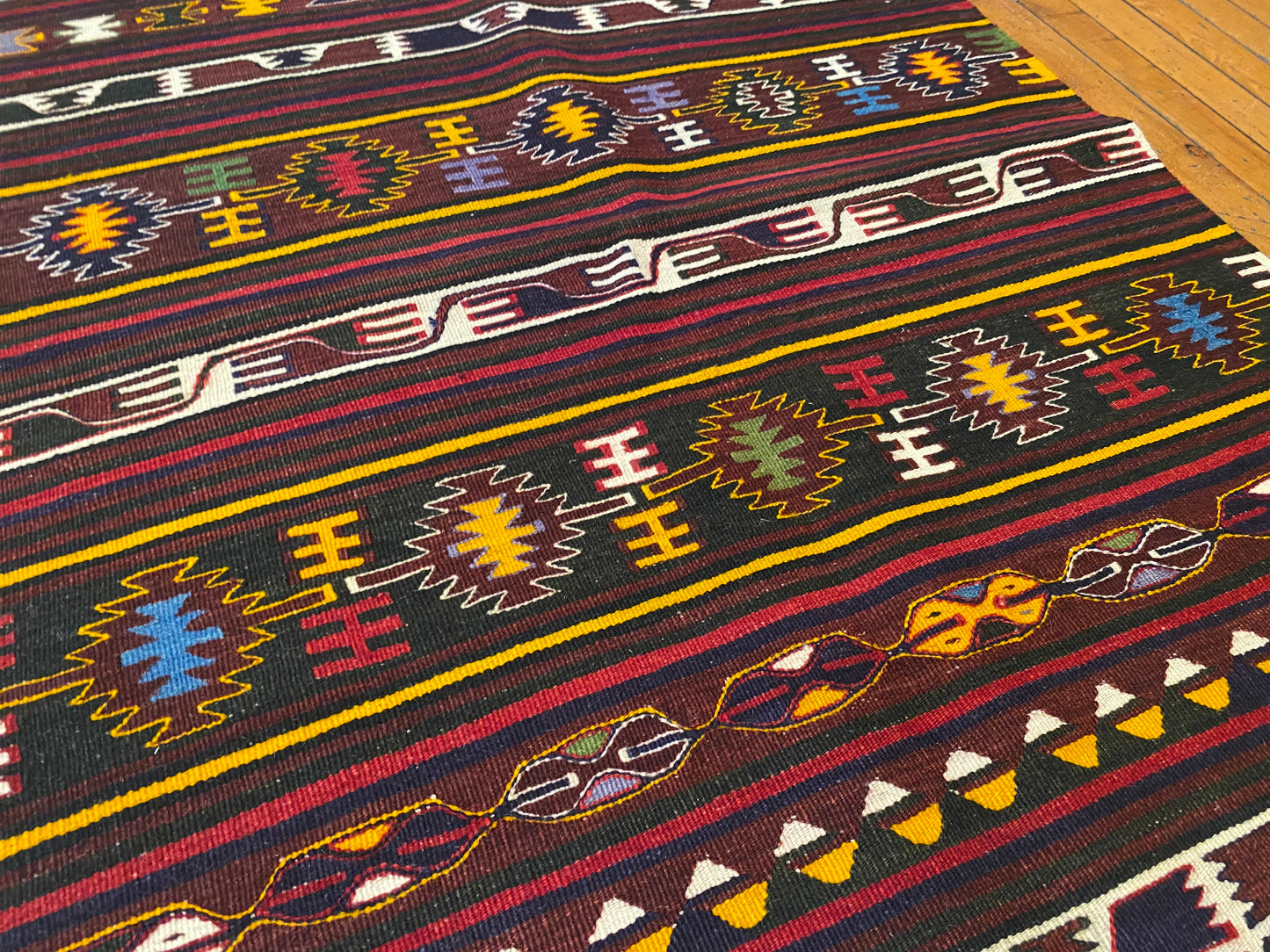 Vintage Anatolian Turkish Kilim Runner - Handwoven Wool Rug with Geometric Tribal Patterns in Maroon, Yellow & Multicolor  2'9''x4'8''