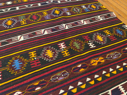 Vintage Anatolian Turkish Kilim Runner - Handwoven Wool Rug with Geometric Tribal Patterns in Maroon, Yellow & Multicolor  2'9''x4'8''