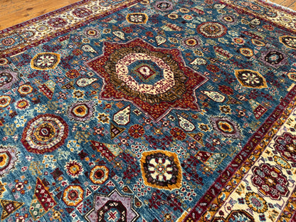 Handwoven Wool Rug with Central Medallion - Traditional Oriental Design in Blue and Red 5x7 ft