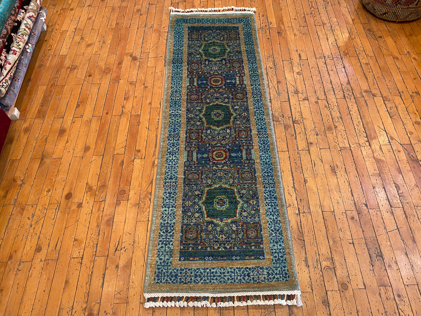 Turkish Hand-Knotted Runner – Oriental Wool Rug with Geometric Medallions 2x6ft
