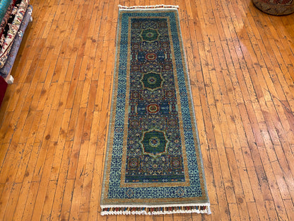 Turkish Hand-Knotted Runner – Oriental Wool Rug with Geometric Medallions 2x6ft