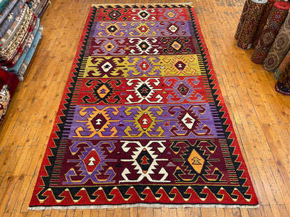 Anatolian Antique Handmade Kilim Rug - Vintage Turkish Wool Carpet 5x9.4 ft Cappadocia Rug Collection