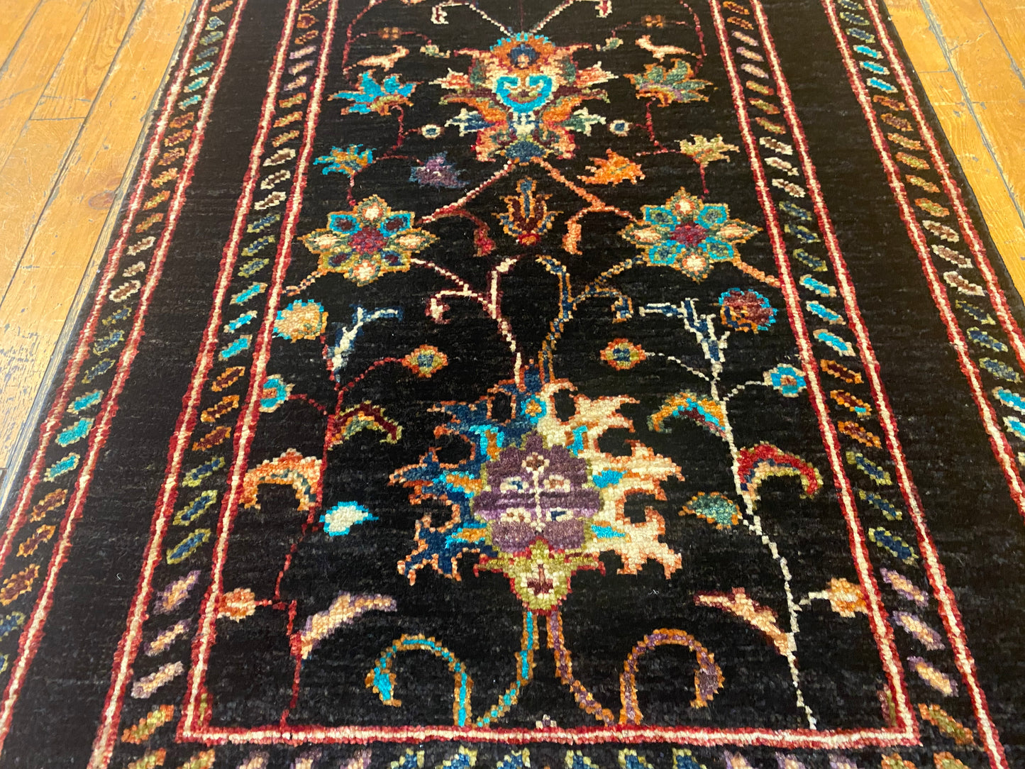 Floral Black Background Turkish Rug - Handmade Vintage Style Runner 2x3 ft