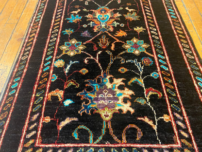 Floral Black Background Turkish Rug - Handmade Vintage Style Runner 2x3 ft