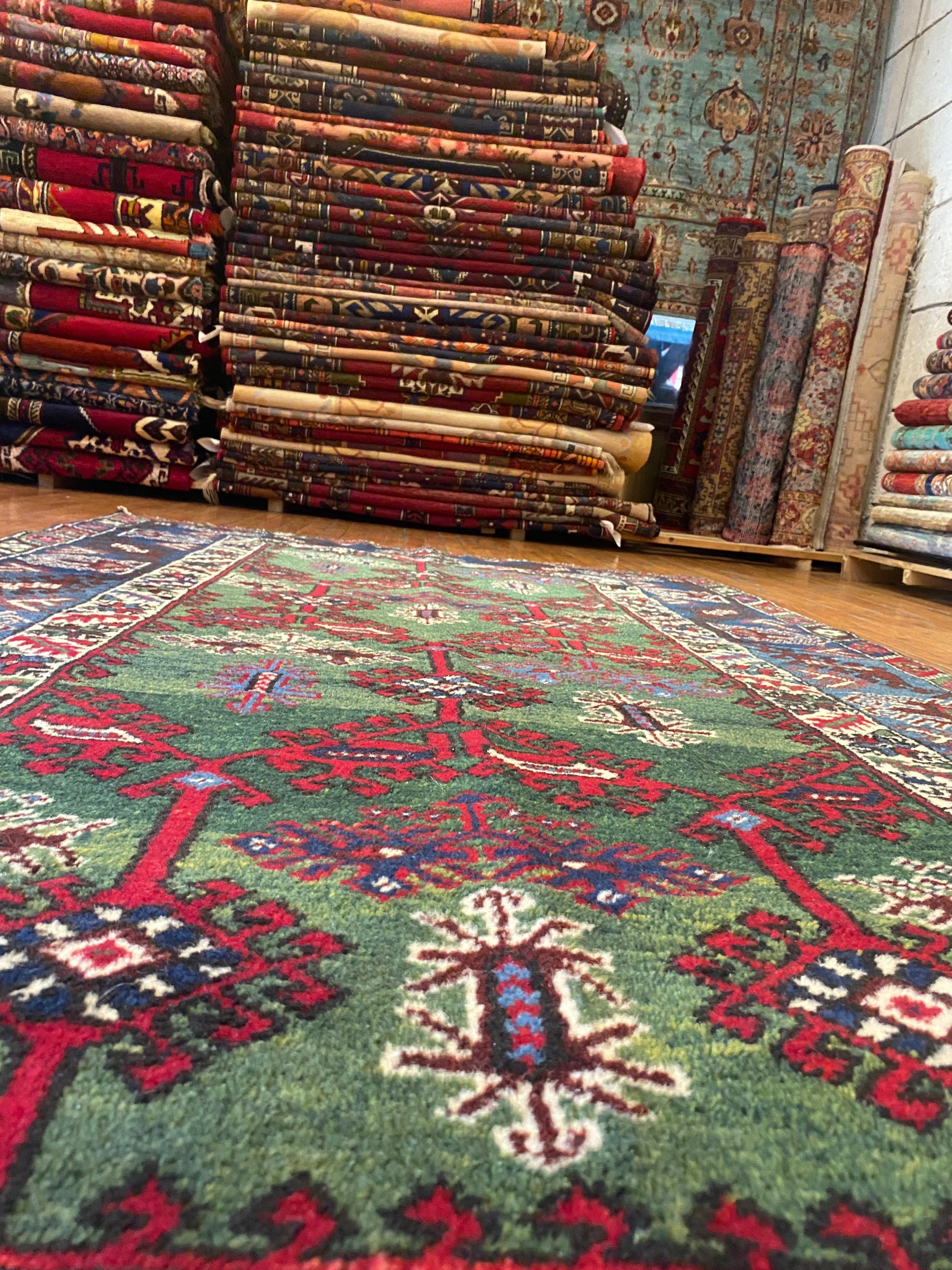 Geometric Pattern Turkish Dosemealti Handmade Green Bacground Area Carpet Cappadocia Rug Collection