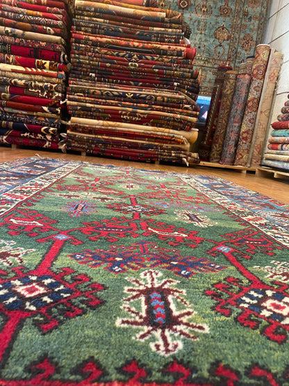 Geometric Pattern Turkish Dosemealti Handmade Green Bacground Area Carpet Cappadocia Rug Collection