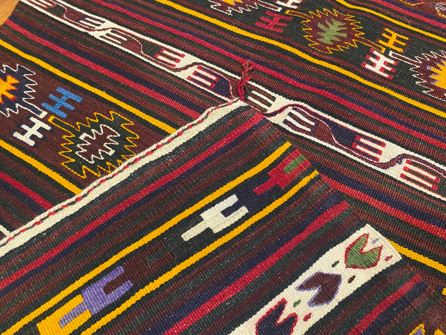 Vintage Anatolian Turkish Kilim Runner - Handwoven Wool Rug with Geometric Tribal Patterns in Maroon, Yellow & Multicolor  2'9''x4'8''