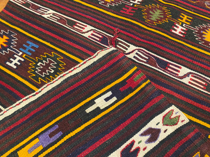 Vintage Anatolian Turkish Kilim Runner - Handwoven Wool Rug with Geometric Tribal Patterns in Maroon, Yellow & Multicolor  2'9''x4'8''