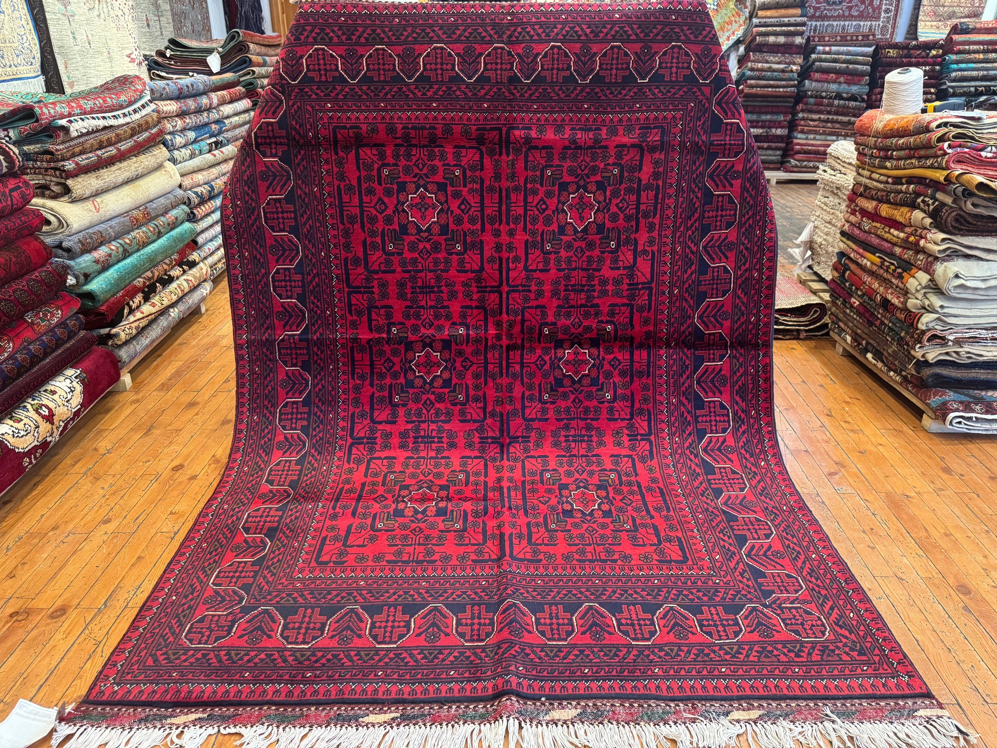 Handwoven Burgundy Area Rug – Wool, Traditional Geometric Motifs 5x8ft Cappadocia Rug Collection