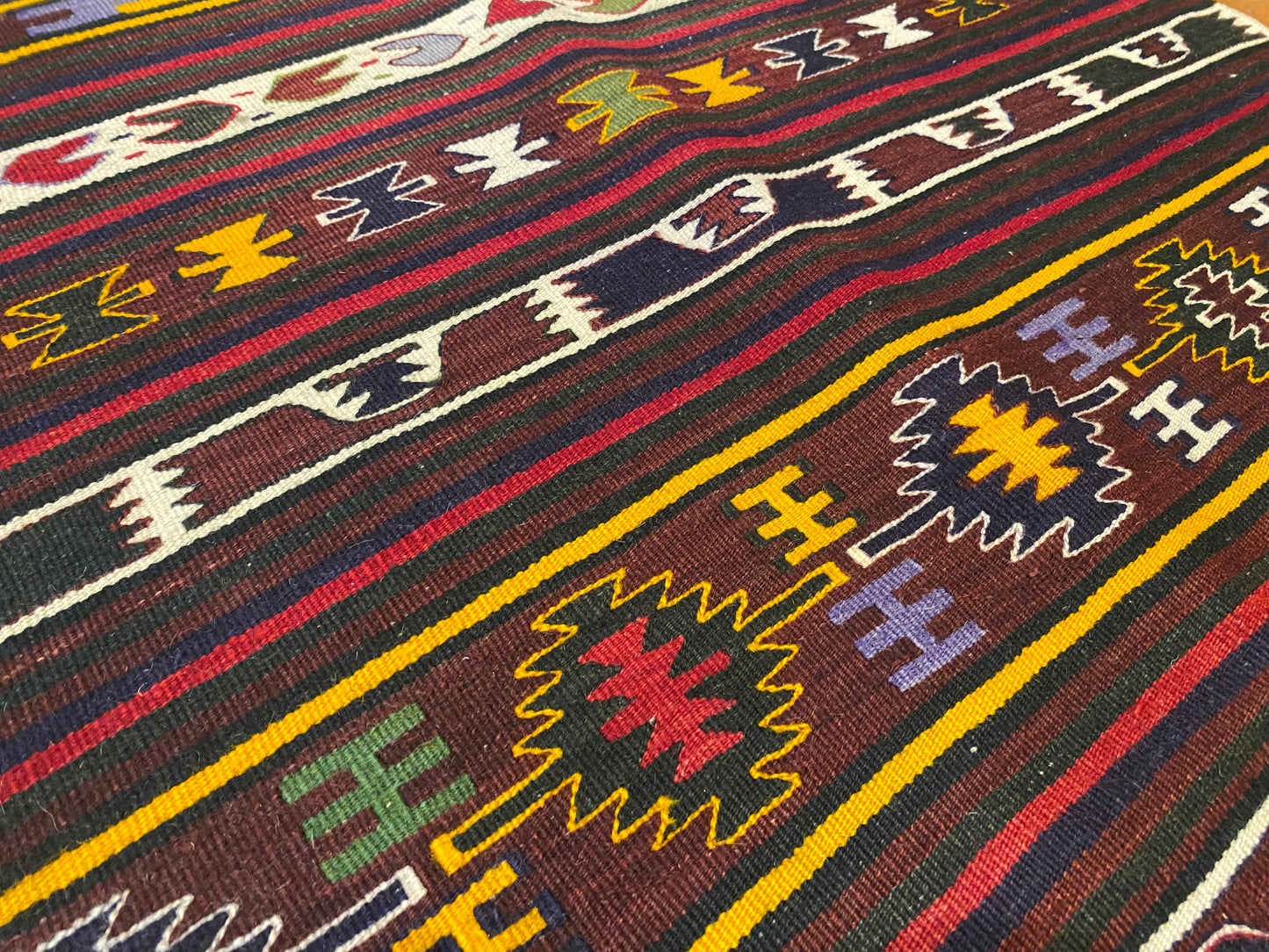 Vintage Anatolian Turkish Kilim Runner - Handwoven Wool Rug with Geometric Tribal Patterns in Maroon, Yellow & Multicolor  2'9''x4'8''