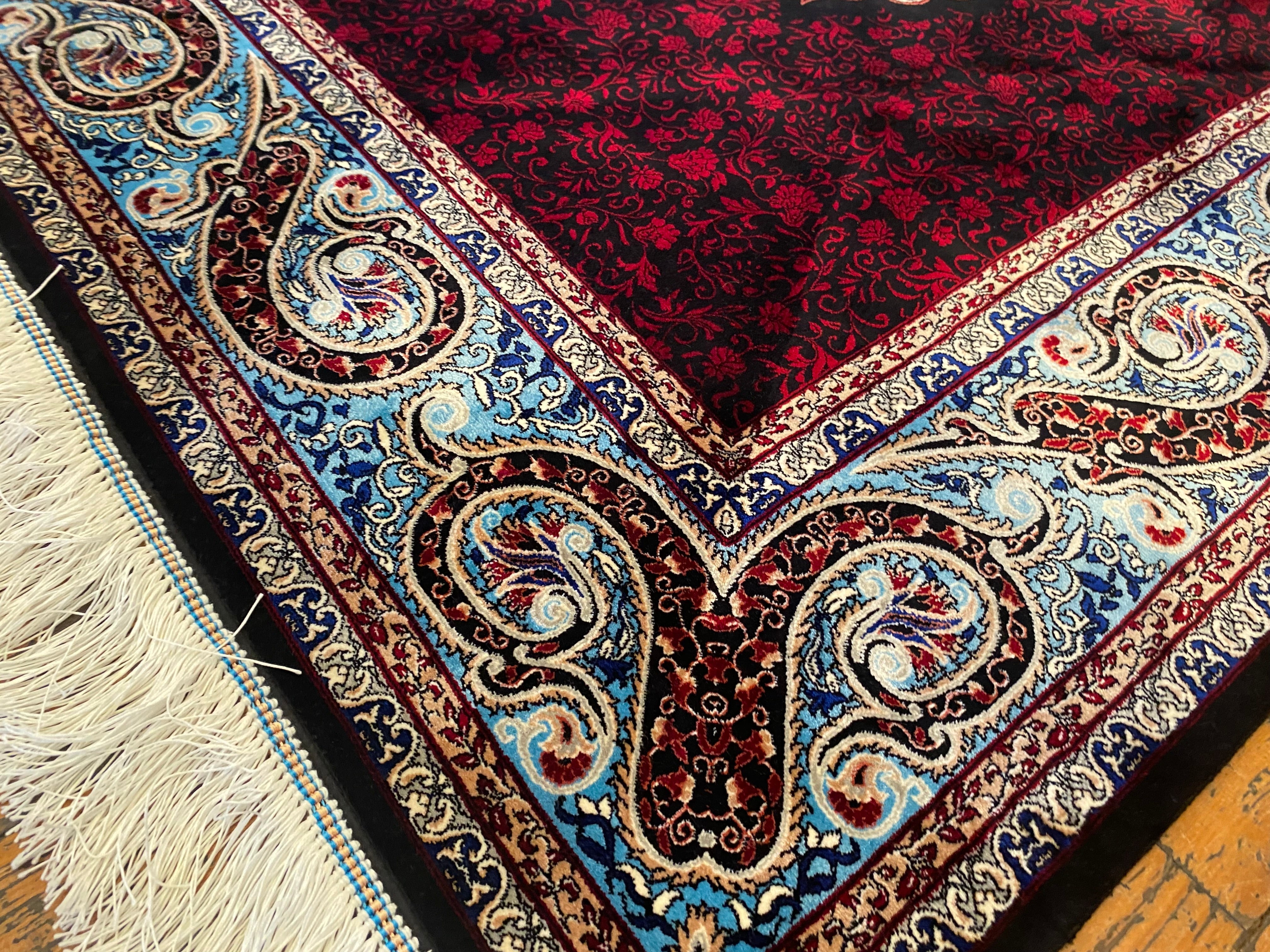 Black Red Medallion Turkish Silk Carpet 4x6ft | Luxury Anatolian