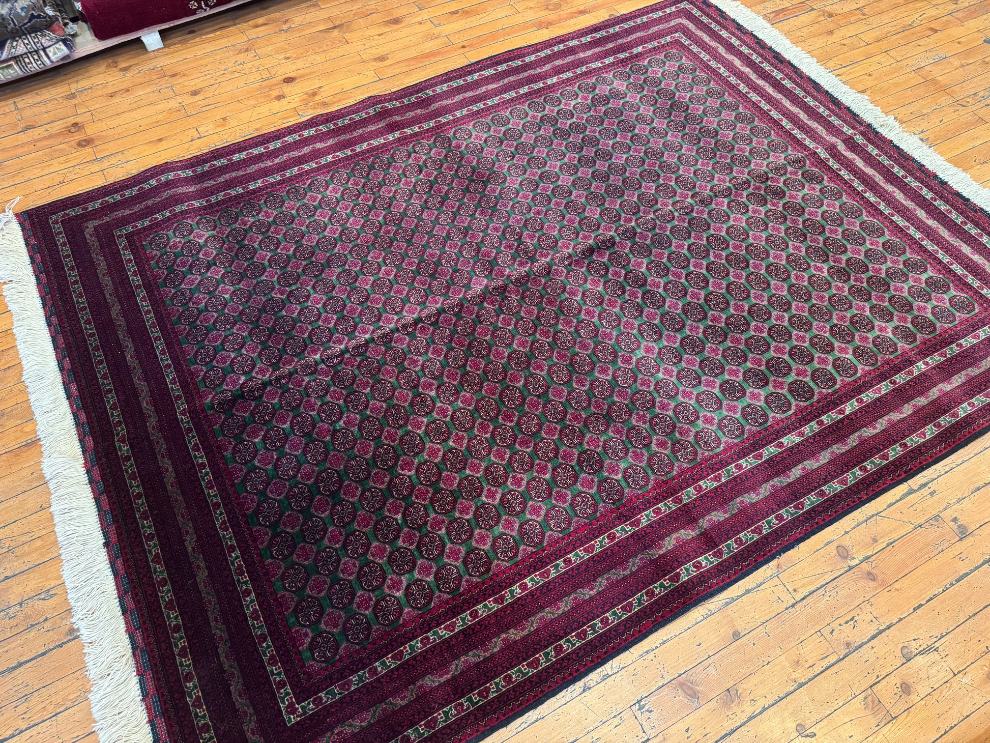 Deep Red Bukhara Hand-Knotted Wool Rug – Geometric Pattern Vintage Carpet 5x7ft Cappadocia Rug Collection