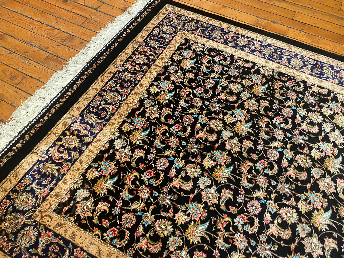 Luxury Black Floral Silk Carpet 3'3''x4'11''ft