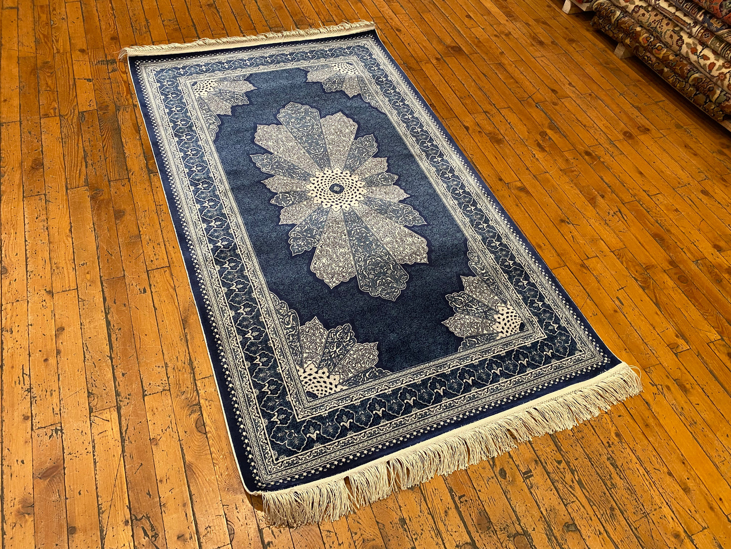 Navy Blue Medallion Vintage Design Oriental Silk Carpet 3”x5''ft