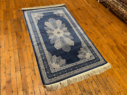Navy Blue Medallion Vintage Design Oriental Silk Carpet 3”x5''ft