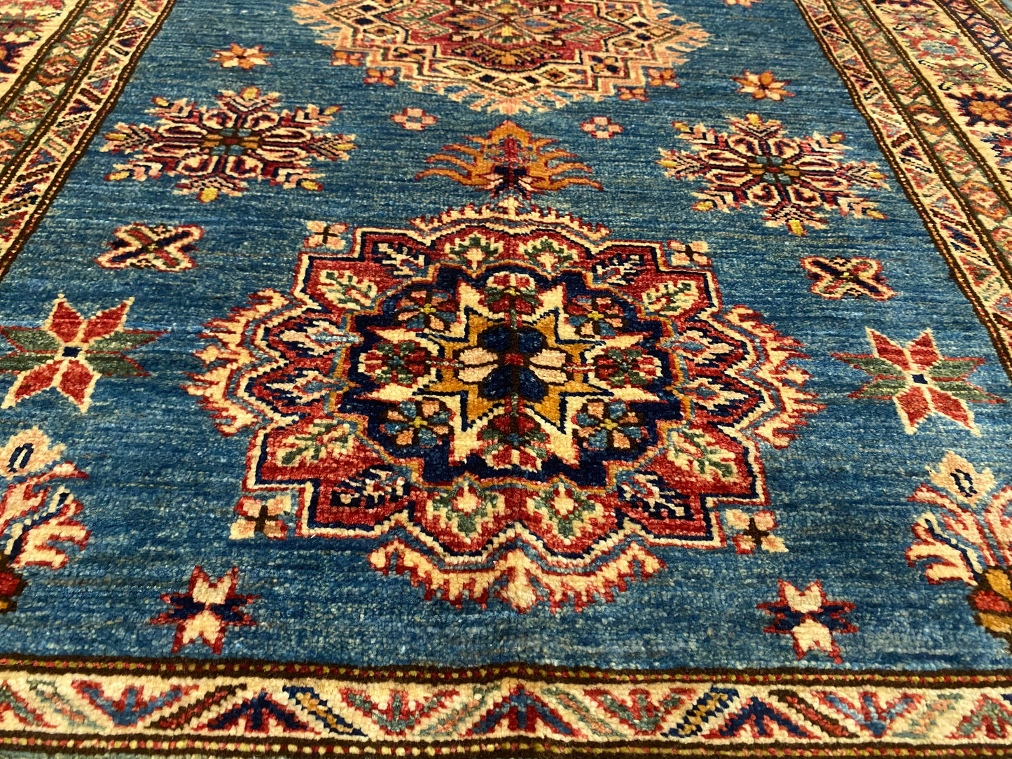 Geometric Turquoise Handmade Kilim Rug 4x6 ft - Authentic  Wool Carpet Cappadocia Rug Collection