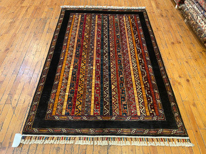 Handmade Zara Inspired Wool Area Rug - Vintage Style Hand-Knotted Neutral Black Oriental Carpet with Textured Design for Living Room, Bedroom Decor 4”x5’9”ft