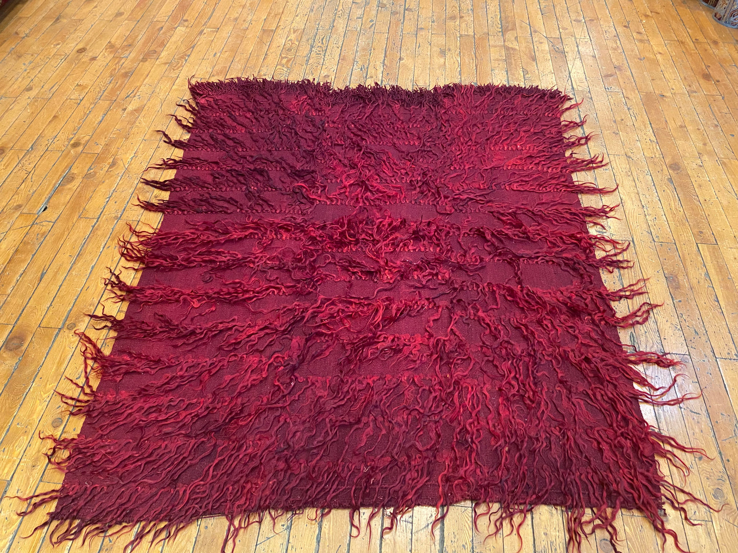 Authentic Turkish Tulu Rug – Handmade Wool Shag Carpet, Anatolian Tribal Design  3'6''x4'3''ft