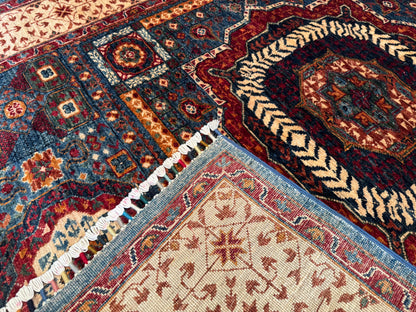 Large Statement Turkish Rug for Living Room - Blue, Red, and Cream Design 5x6ft