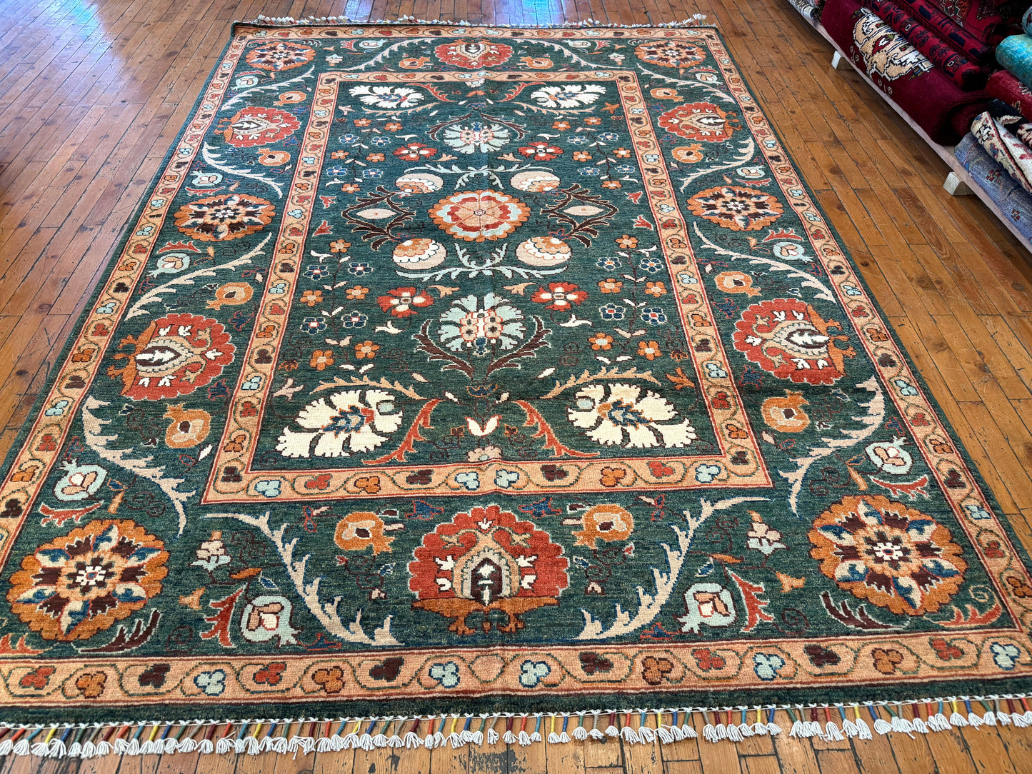 GREEN HAND-KNOTTED CARPET,6 x 8 FT NATURAL DYE CARPET,FLORAL HANDMADE CARPET Cappadocia Rug Collection