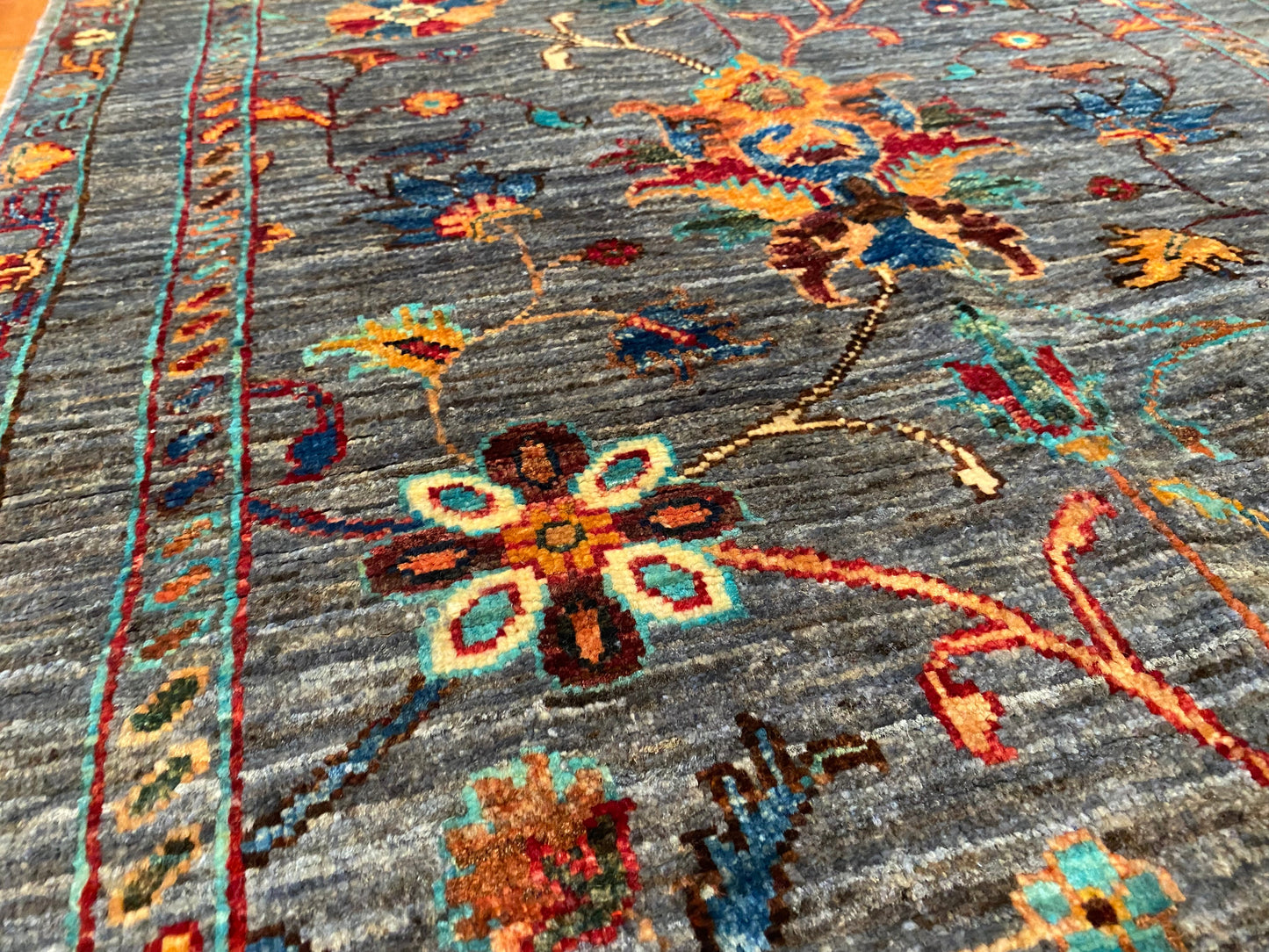 Indigo Gray Floral Handmade Area Rug 3x5 ft 130x85cm Cappadocia Rug Collection
