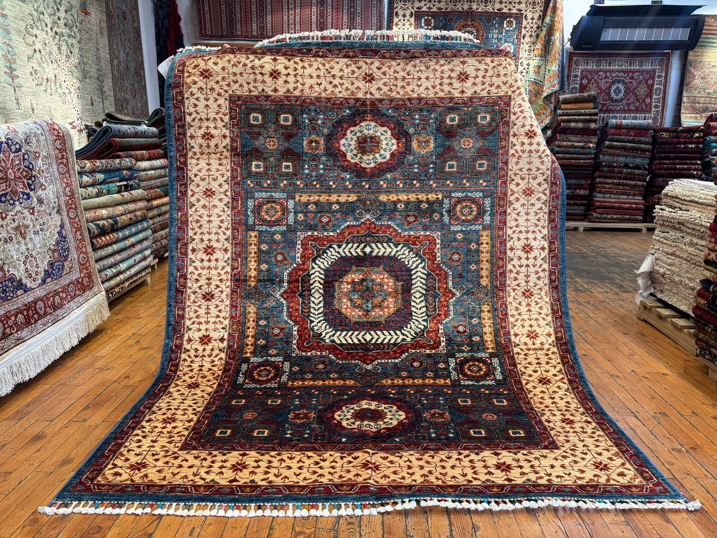 Large Statement Turkish Rug for Living Room - Blue, Red, and Cream Design 5x6ft