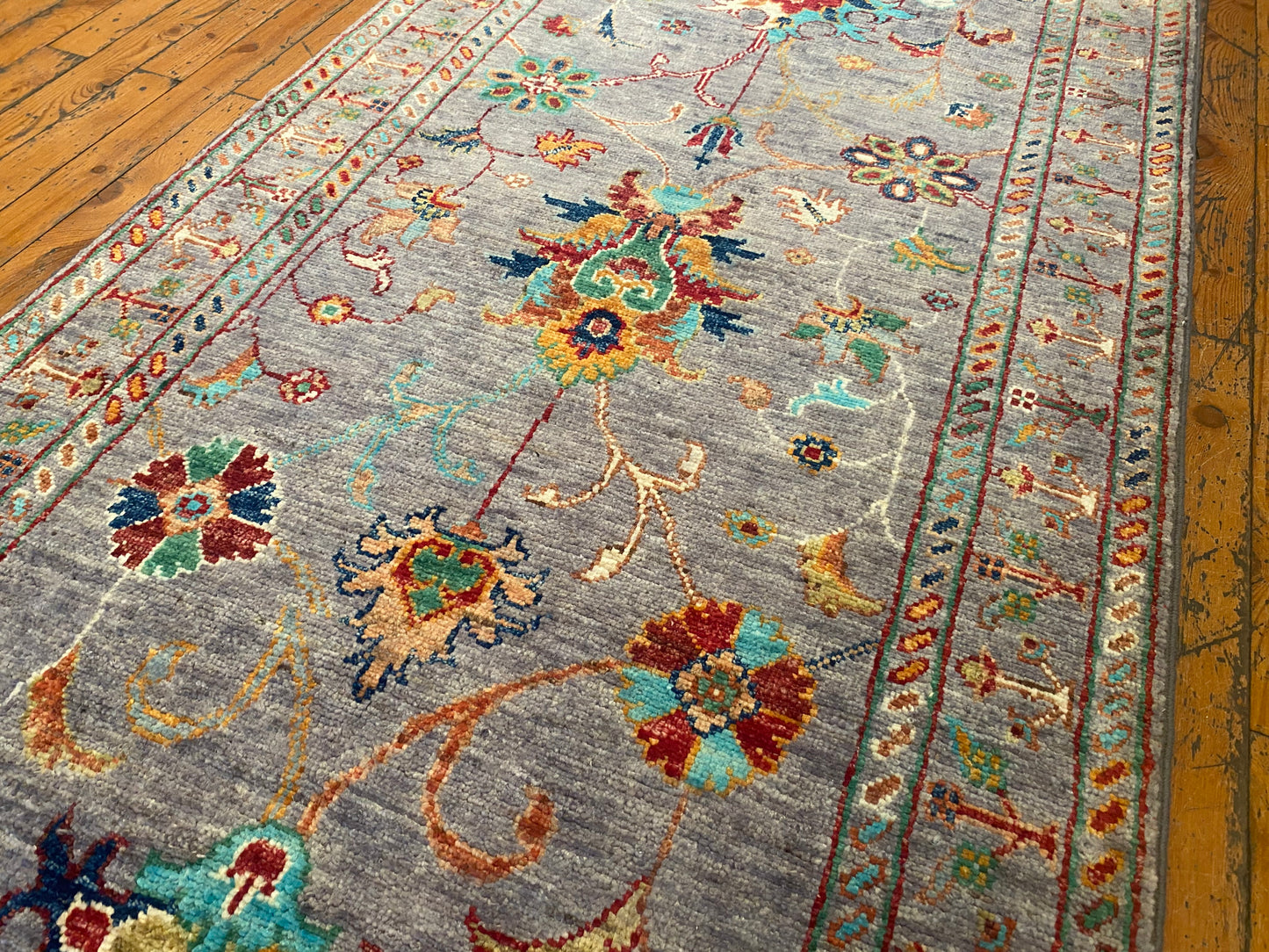 Gray Floral Hand-Knotted Runner Rug: 3''x9'' Premium Double-Knotted Artisan Piece