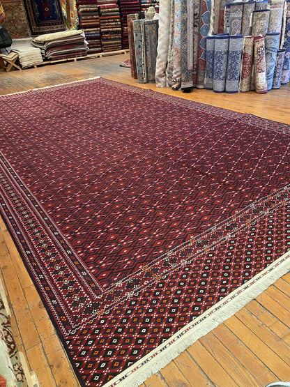 Antique Style Handmade Tribal Rug 7x14 ft Red Geometric Oriental Carpet Cappadocia Rug Collection