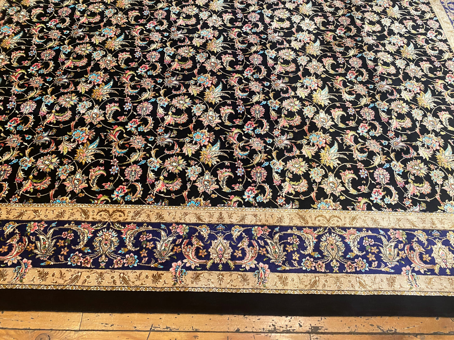 Luxury Black Floral Silk Carpet 3'3''x4'11''ft