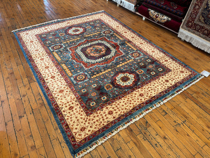 Large Statement Turkish Rug for Living Room - Blue, Red, and Cream Design 5x6ft