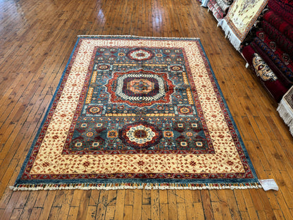 Large Statement Turkish Rug for Living Room - Blue, Red, and Cream Design 5x6ft