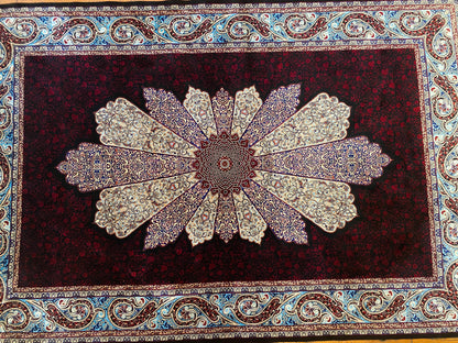 Black Red Medallion Turkish Silk Carpet 4x6ft – Luxury Anatolian Area Rug for Home Decor