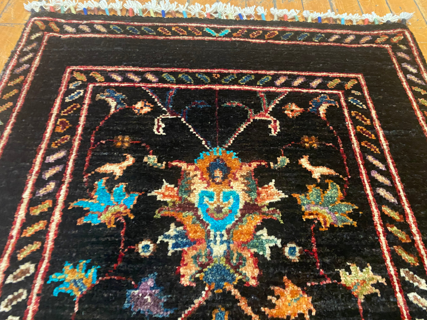 Floral Black Background Turkish Rug - Handmade Vintage Style Runner 2x3 ft