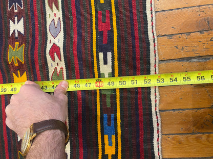 Vintage Anatolian Turkish Kilim Runner - Handwoven Wool Rug with Geometric Tribal Patterns in Maroon, Yellow & Multicolor  2'9''x4'8''