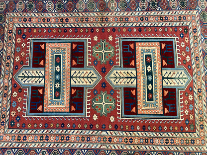Hand-Knotted Wool Oriental Carpet with Geometric Tribal Cross 7’2”x9”