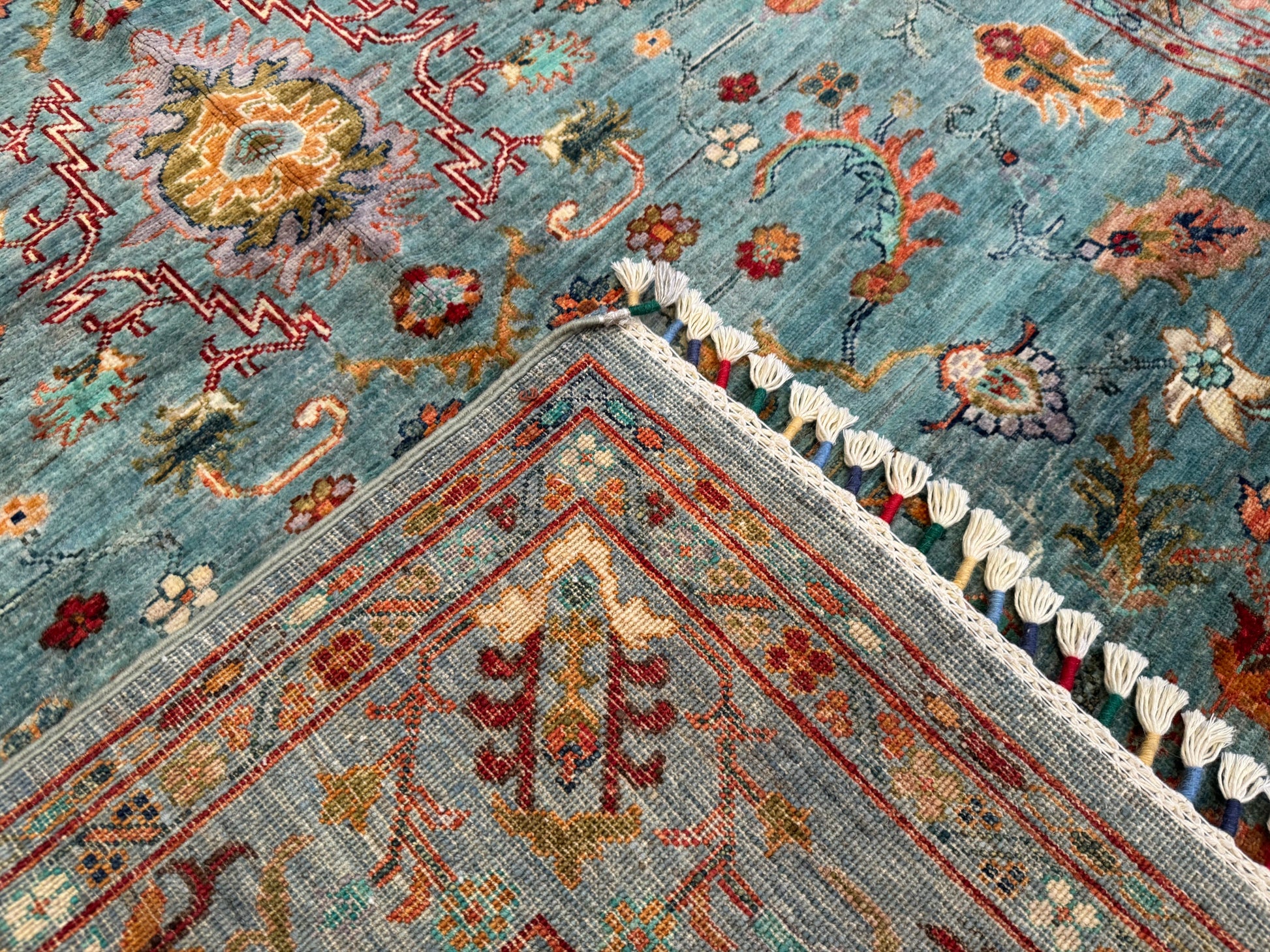 Handwoven Turquoise Wool Rug 5x7ft – Oriental Floral Design Turkish Carpet Cappadocia Rug Collection