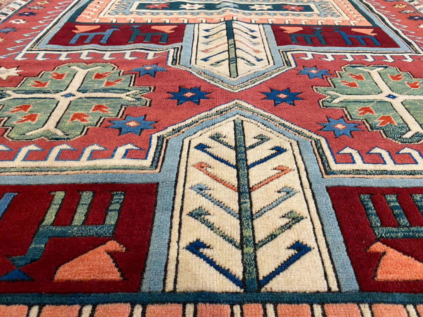 Hand-Knotted Wool Oriental Carpet with Geometric Tribal Cross 7’2”x9”