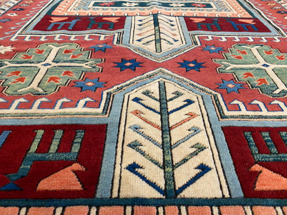 Hand-Knotted Wool Oriental Carpet with Geometric Tribal Cross 7’2”x9”