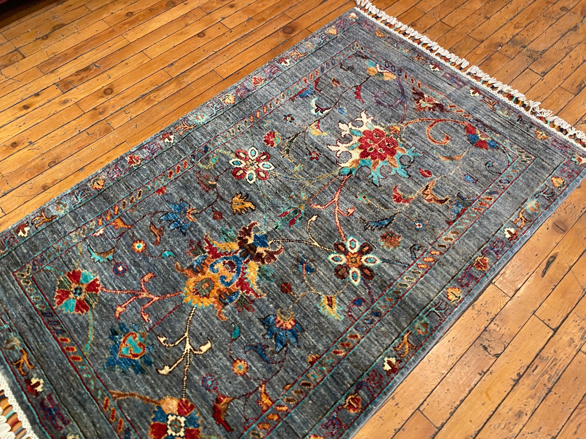 Indigo Gray Floral Handmade Area Rug 3x5 ft 130x85cm Cappadocia Rug Collection