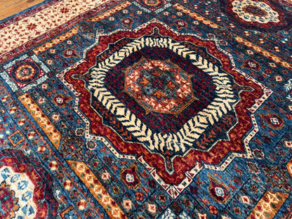 Large Statement Turkish Rug for Living Room - Blue, Red, and Cream Design 5x6ft