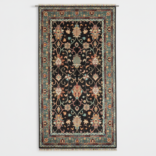 Black and Green Floral Handmade Rug 4x6 ft | Wool Carpet Cappadocia Rug Collection