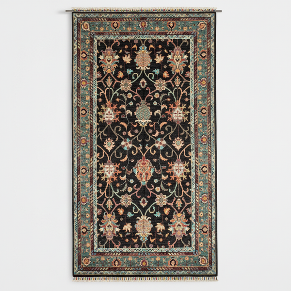 Black and Green Floral Handmade Rug 4x6 ft | Wool Carpet