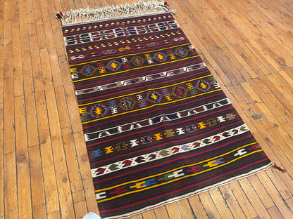 Vintage Anatolian Turkish Kilim Runner - Handwoven Wool Rug with Geometric Tribal Patterns in Maroon, Yellow & Multicolor  2'9''x4'8''