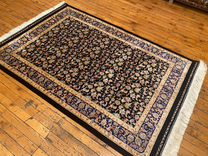 Luxury Black Floral Silk Carpet 3'3''x4'11''ft