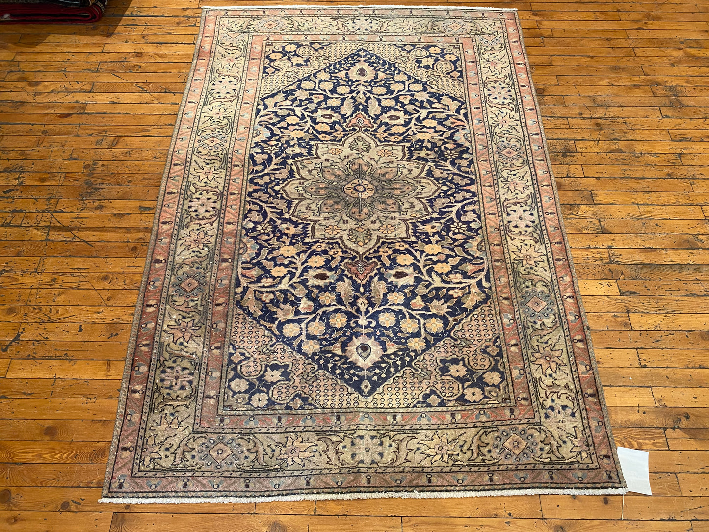 Elegant Vintage Cappadocia Style Handmade Rug – Navy Blue Floral Medallion Carpet 4x6ft