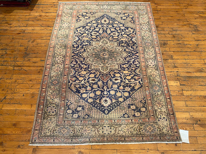 Elegant Vintage Cappadocia Style Handmade Rug – Navy Blue Floral Medallion Carpet 4x6ft