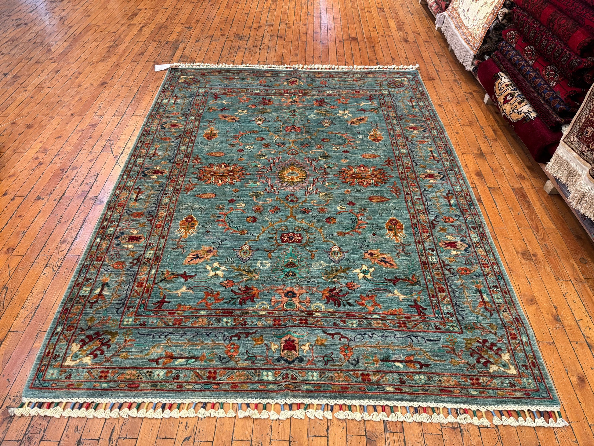 Handwoven Turquoise Wool Rug 5x7ft – Oriental Floral Design Turkish Carpet Cappadocia Rug Collection