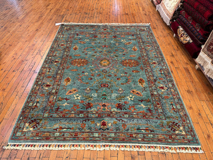 Handwoven Turquoise Wool Rug 5x7ft – Oriental Floral Design Turkish Carpet Cappadocia Rug Collection