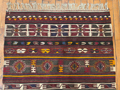 Turkish Wool Kilim Rug 3x4 ft - Handwoven Vintage Flatweave Carpet Cappadocia Rug Collection