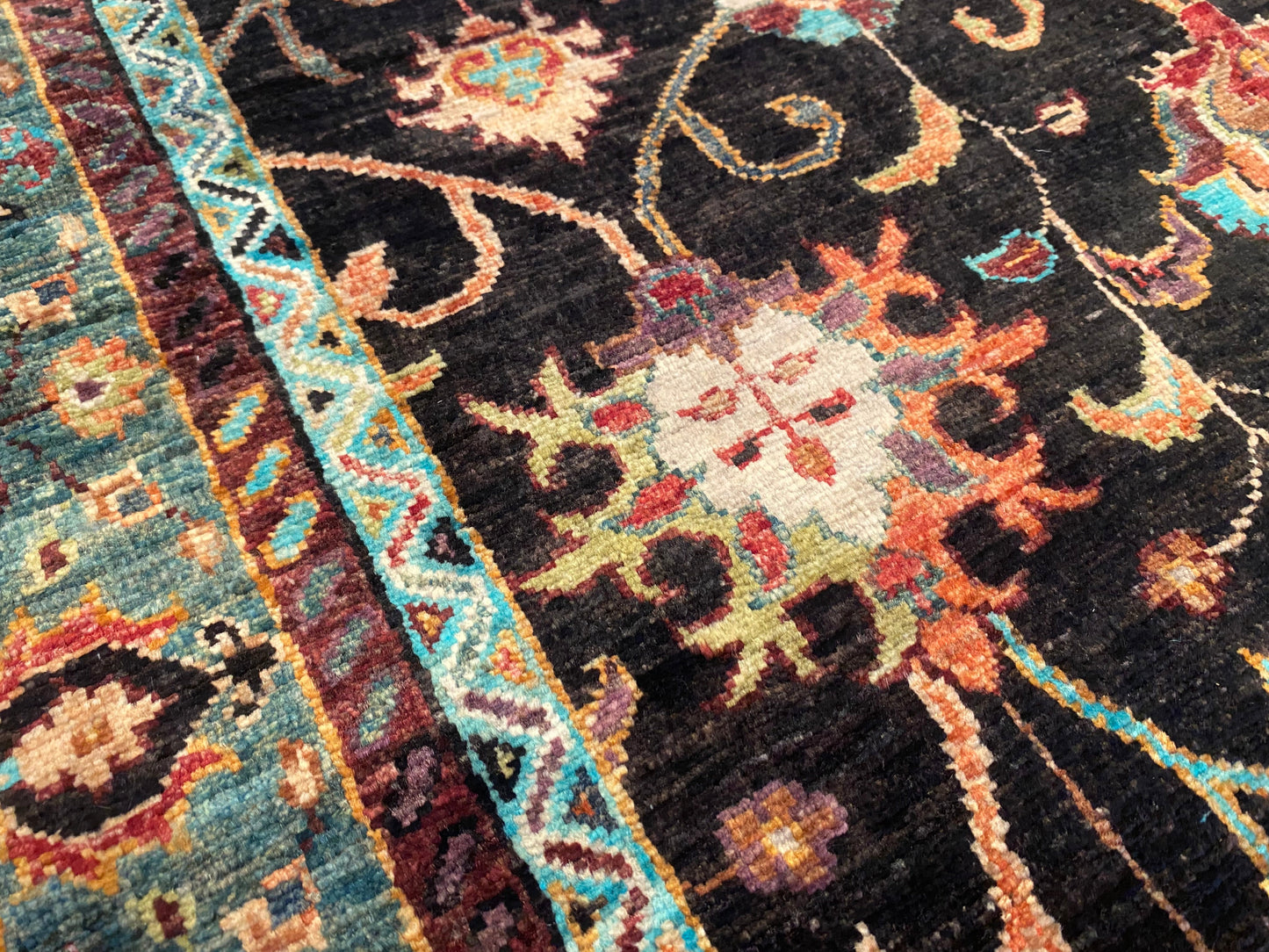 Black and Green Floral Handmade Rug 4x6 ft | Wool Carpet Cappadocia Rug Collection
